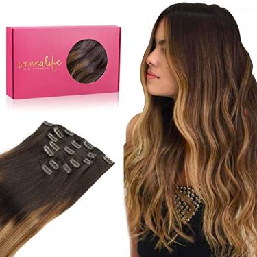 Imagem de WENNALIFE Extensões de cabelo humano real, 55 cm, 120 g, 7 peças, marrom-escuro a marrom castanho, loiro sujo, realçado, clipe no cabelo humano, extensões de cabelo Remy, trama dupla