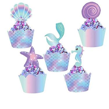 Imagem de YOMINY Topos e envoltórios de cupcake de sereia, 40 peças de decoração com tema de sereia de dois lados, tema sob o mar, lembrancinha de festa de aniversário de chá de bebê, multicolorido