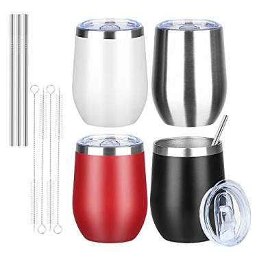 Imagem de MEZMUT Copo de vinho isolado de 340 g com tampa de parede dupla a vácuo copo de vinho de aço inoxidável caneca de café copo isolado para champanhe, coquetel, cerveja (multicolorido, pacote com 4)