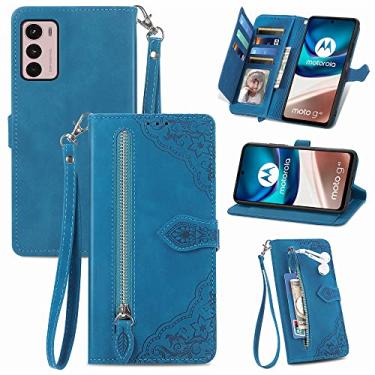 Imagem de Capas de telefone com slots de cartão de luxo compatíveis com Motorola Moto G42 Moto G 42 Capa de couro cordão de negócios com zíper carteira clipe de telefone (azul, Motorola Moto G42)
