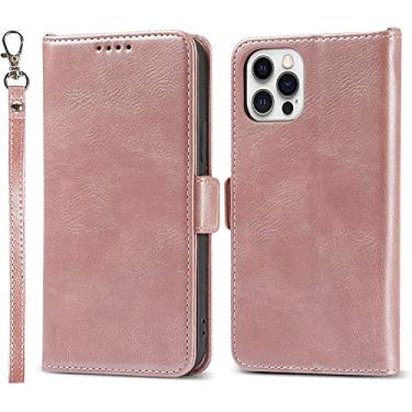 Imagem de GANYUU Capa flip para iPhone 13 Mini /13/13 Pro/13 Pro Max, capa de carteira de couro genuíno slots para cartão suporte proteção de câmera à prova de choque TPU (cor: rosa, tamanho: 13pro max 6,7 polegadas)