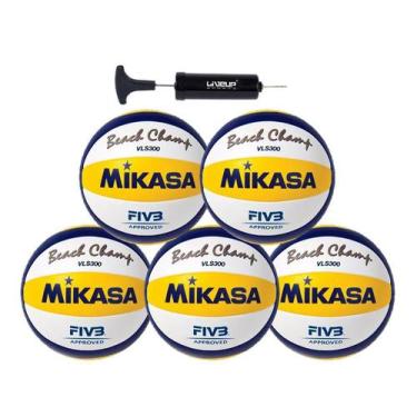 Imagem de Kit 5 Bolas De Vôlei De Praia Vls300 Branco, Amarelo E Azul Mikasa Com