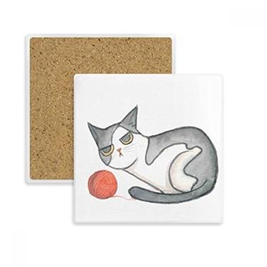 Imagem de Miaoji Pintura Aquarela Fantoche Gato Quadrado Porta-copos Caneca Suporte Subplaca Pedra Isolamento