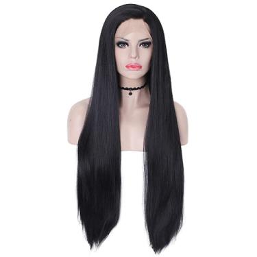 Imagem de Peruca preta sintética lace frontal, perucas de cabelo natural, perucas femininas de fibra resistente ao calor