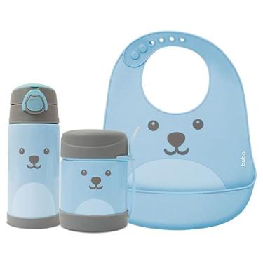 Imagem de Kit Refeição Infantil 3 Peças Pote Térmico Garrafa Térmica e Babador Silicone com Pega Migalhas Buba Gumy (Azul)