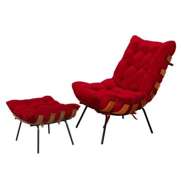 Imagem de Kit Poltrona Decorativa Costela + Puff para Sala de Estar Aveludada Vermelha - Mobília Mobília