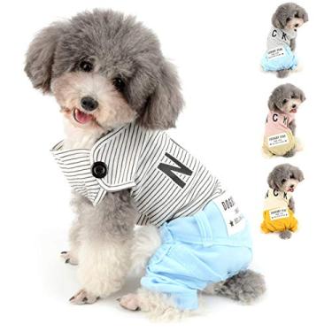 Imagem de Ranphy Roupas de algodão para cães pequenos camisas listradas para animais de estimação com calças cachorrinho bonito macacão estampado de letras verão cachorrinho fantasia de quatro pernas azul
