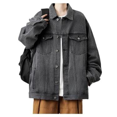 Imagem de Jaqueta jeans masculina retrô lapela solta manga longa durável algodão respirável casaco jeans, Cinza, G