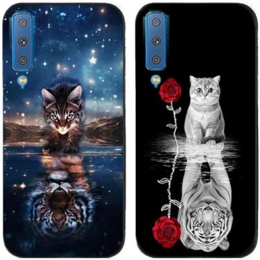 Imagem de 2 peças de capa de telefone traseira de silicone em gel TPU impresso tigre e gato para Samsung Galaxy todas as séries (Galaxy A7 2018)