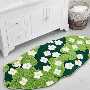 Imagem de Ouyattle Tapete de banheiro floral verde fofo tapete de banheiro extra longo 61 cm L x 132 cm C antiderrapante lavável, moderno chique boho estética moderna funky grama tapete corredor tapetes para
