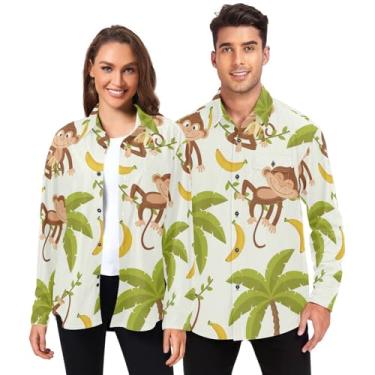 Imagem de Yuiboo Camisetas masculinas de manga comprida casuais para mulheres com bolsos Funny Monkey Palm Tropical Green, Palmeira de macaco engraçada verde tropical, PP