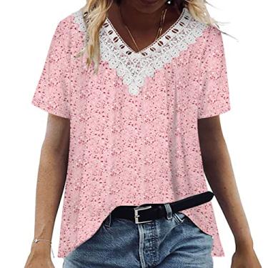 Imagem de Lainuyoah Camisetas femininas de verão 2024 boho acabamento em renda gola V caimento solto manga curta estampa floral elegante túnica blusa, A - rosa, G