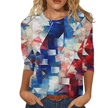 Imagem de Camiseta feminina com bandeira americana manga 3/4 EUA 4th of July Patriotic Tops Loose Star Stripes Camisetas, Branco, G