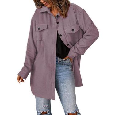 Imagem de Shacket Jaqueta feminina casual manga longa lapela abotoada outono 2023 casaco leve sólido, rosa, XXG