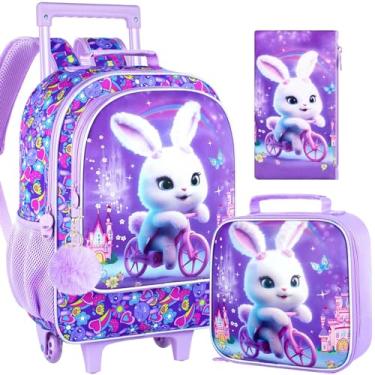 Imagem de gxtvo Mochila com rodinhas para meninas, coelho, com rodinhas fofas, mochila infantil – bolsa de escola primária com rodas – 3 peças de coelho, Conjunto de mochila RabbitRolling, One Size, Conjunto de