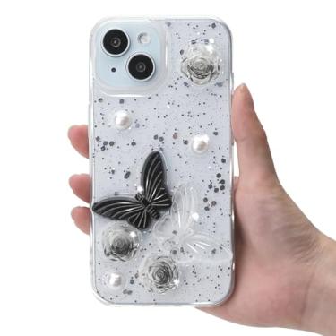 Imagem de AICISINGN Capa para iPhone 15 Pro com glitter 3D borboleta floral, estética linda flor pérola cristal brilhante brilhante para mulheres meninas capa de telefone transparente para iPhone 15 Pro 6,1