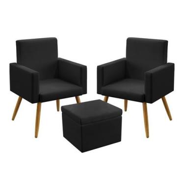 Imagem de 2 Poltronas Nina Estofada Sem Rodapé Com Puff Quasar Couro Preto Arade