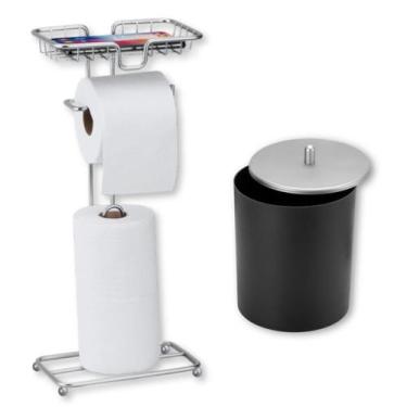 Imagem de Kit Porta Papel Higiênico Prata e Lixeira Pta Tampa Cromo - Arthi