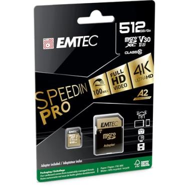 Imagem de Emtec SPEEDIN' microSD Classe 10 V30 UHS-I U3 (512GB) - Velocidade de leitura e gravação de até 100 MB/s - Micro SDXC - com adaptador - preto/dourado
