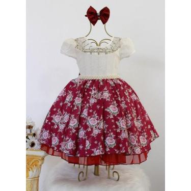 Imagem de Vestido Infantil Floral Marsala E Creme Luxo E Tiara - pingo de gente,