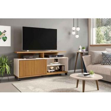 Imagem de Rack Topázio em Madeira Marrom Claro Cinamomo Off-White Ripado p/ TV a