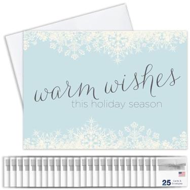 Imagem de Cartões comemorativos - H1507. Cartões comemorativos com design de desejos quentes e flocos de neve. O conjunto de caixa tem 25 cartões comemorativos e 26 envelopes brancos com forro de prata.