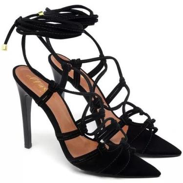 Imagem de Sandália Salto Alto Feminino Bico Folha Ellas Online Nobuck Preto, 37,