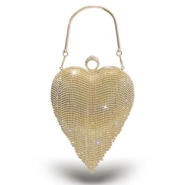 Imagem de CZWLWYXB Bolsa clutch feminina em forma de coração com strass brilhante para casamentos, formaturas, coquetéis, Dourado
