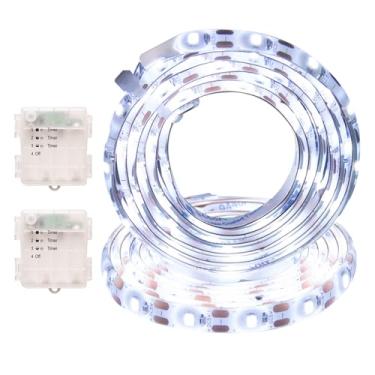 Imagem de 2 fitas de luzes operadas a pilha, 120 luzes de LED autoadesivas com temporizador, fita de luz cortável flexível para quarto, TV, barco, cozinha, armário, decoração (branco frio)
