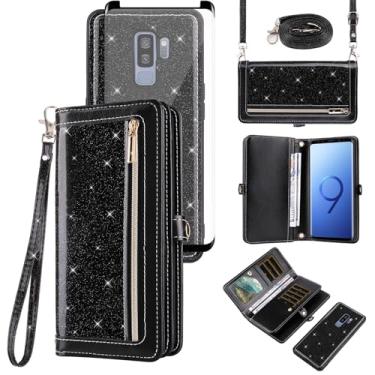 Imagem de Asuwish Capa de celular para Samsung Galaxy S9 Plus carteira com zíper destacável com película de vidro temperado, alça protetora de tela com glitter, compartimento para cartão S9+ 9S 9+ S 9 9plus