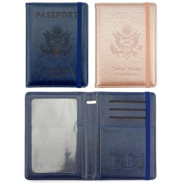 Imagem de Porta-passaporte e porta-cartão de vacina, capa para passaporte com bloqueio RFID, Azul marinho + ouro rosa, Elástico