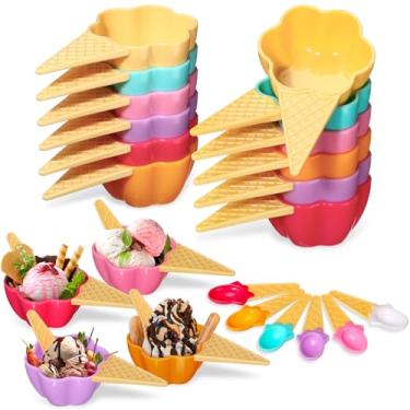 Imagem de Uiifan 18 conjuntos de tigelas de sorvete, conjunto de colheres, design de flores, copos de iogurte congelado de plástico com colheres, tigelas de sorvete de flores resistentes para lembrancinhas de