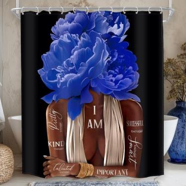 Imagem de MESHELLY Cortina de chuveiro para meninas negras 60Lx72H azul marinho preto mulher peônia floral conjunto de cortina de banheiro tecido afro-americano inspirador moderno afro senhora decoração de