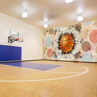 Imagem de Lcythiazole Mural de papel de parede de fundo com folhas de basquete criativo 3D, mural de papel de parede de tamanho personalizado, para sala de basquete, academia, cafés, bares, meninos, sala de