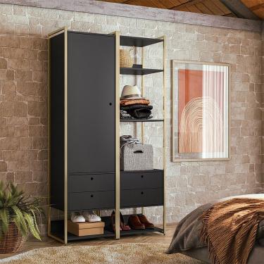 Imagem de Closet Olivar Industrial Solteiro Estantes p/ Livros 108cm - Preto - Cor: Preto