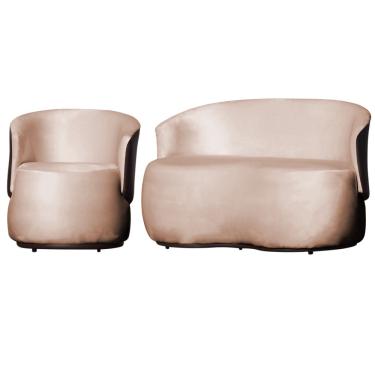 Imagem de Kit 1 Poltrona e Namoradeira Orgânica Aisha Veludo Rosa Nude Composê Corano Marrom - dl decor