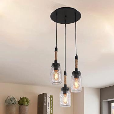 Imagem de UNITARY Luminárias De Cozinha Estilo Fazenda, Luminárias Rústicas Para Sala De Jantar, Luminárias Pendentes De Metal Preto E Potes De Vidro Para Ilha De Cozinha, Luminárias Pendentes De Marca Com 3