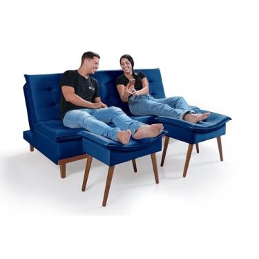 Imagem de Sofá Cama Reclinável Santorini com 2 Banquetas Veludo 3 Lugares Casal Premium Pés de Madeira (AZUL MARINHO)
