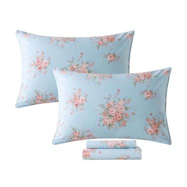 Imagem de FADFAY conjunto de lençóis queen floral rosa azul e peônia rústica, estilo fazenda vintage, 100% algodão, macio e respirável, com lençol com elástico de bolso fundo, 4 peças