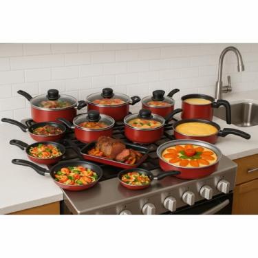Imagem de Conjunto Panelas Antiaderente 13 Peças com Tampa de Vidro - Kit Completo para Cozinha, Antiaderente e Fácil Limpeza - Cabos Baquelite Seguros - Vermelhas