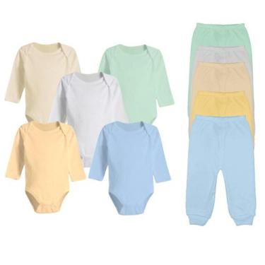 Imagem de Kit 10 Pçs Bebê Body Longo Estampado ou Liso e Mijão Algodão - Koala B