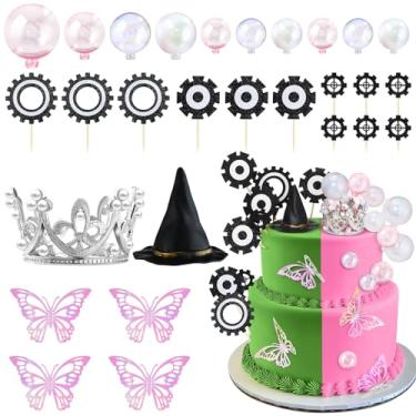 Imagem de Geelin 28 Pcs Witch Crown Cake Topper Witch Theme Birthday Party Decorations Mini Balloons 3D Pink Butterfly Black Gear Cake Toppers Silver Crown Witch Hat Dessert Decorations for Movie Birthday Party