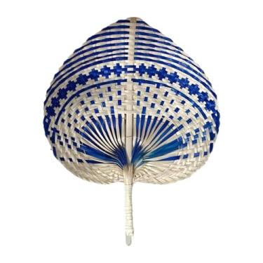 Imagem de kowaku Ventilador de mão de bambu para refrigeração ao ar livre, ventilador de folhas trançadas chinês manual para decoração de casa e festas de verão, Azul Escuro