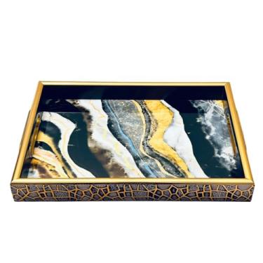 Imagem de Bandeja com efeito marmorizado com alças, material plástico e elegante 33 x 23cm, decorativa propria para servir café da manhã, lanche ou festas. (preto e amarelo)