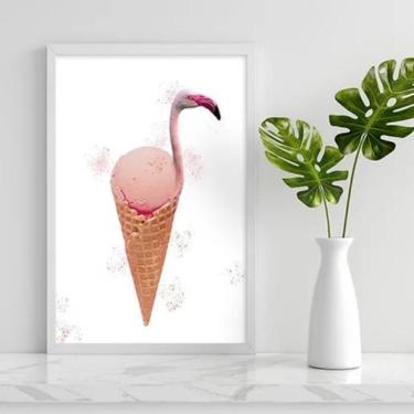 Imagem de Quadro Decorativo Flamingo Sorvete 33X24 C/Vidro - Branca
