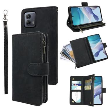 Imagem de Dibosom Capa carteira para Motorola Moto G53 5G com cordão de pulso e couro vintage premium flip porta-cartão de crédito acessórios capa de celular para G 53 53G mulheres homens preto