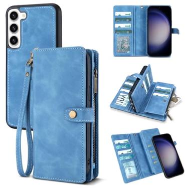 Imagem de TwoHead Capa carteira para Samsung Galaxy S23 com suporte para cartão e capa magnética destacável para Galaxy S23, capa protetora de couro PU à prova de choque com alça de pulso (6,1 polegadas, azul