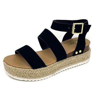Imagem de Soda Top Shoe Bryce bico aberto fivela tira no tornozelo alpargatas flatform Wedge Casual Sanda, NbPU preto, 36