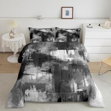 Imagem de jejeloiu Conjunto de cama casal preto e branco e cinza, geométrico, abstrato, para meninos, meninas, adolescentes, arte moderna, edredom respirável, macio, leve, de microfibra, geometria, decoração de