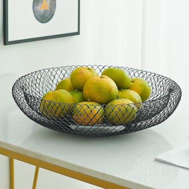 Imagem de Fruteira Preta Cesta De Frutas De Malha De Arame Fruteira Ø 33 X H 10 Cm Tigela Decorativa Grande Cesta De Arame Fruteira Moderna Cesta De Metal De Parede Dupla Para Armazenamento De Frut, L